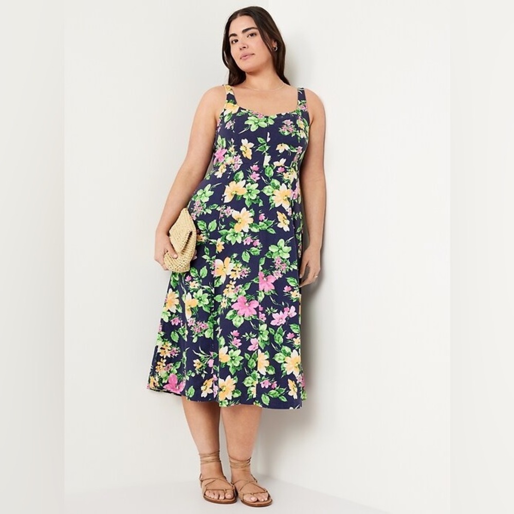 Navy Floral Fit & Flare Linen-Blend Midi Dress XXL